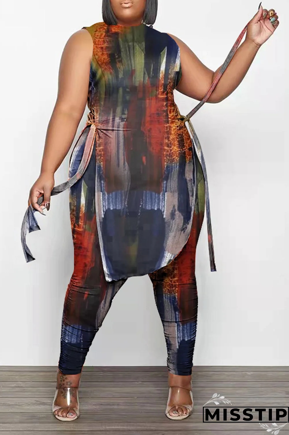 Black White Fashion Print Draw String O Neck Plus Size Two Pieces