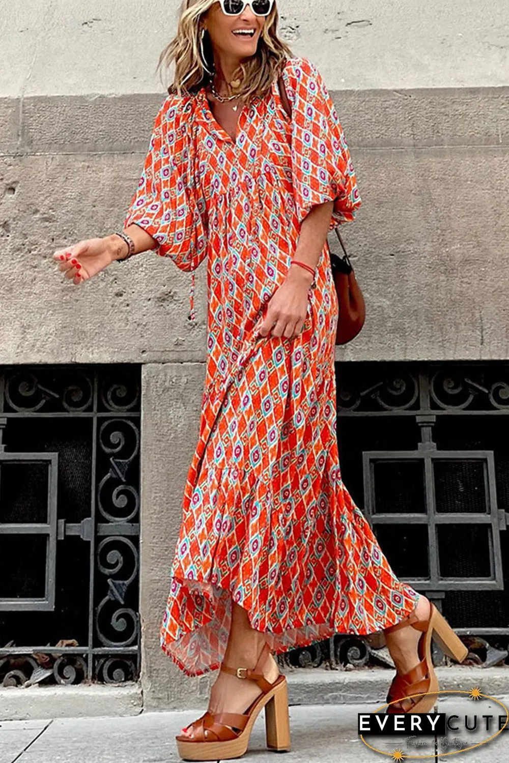 Ethnic Geometry Print Bubble Sleeve Maxi Dress