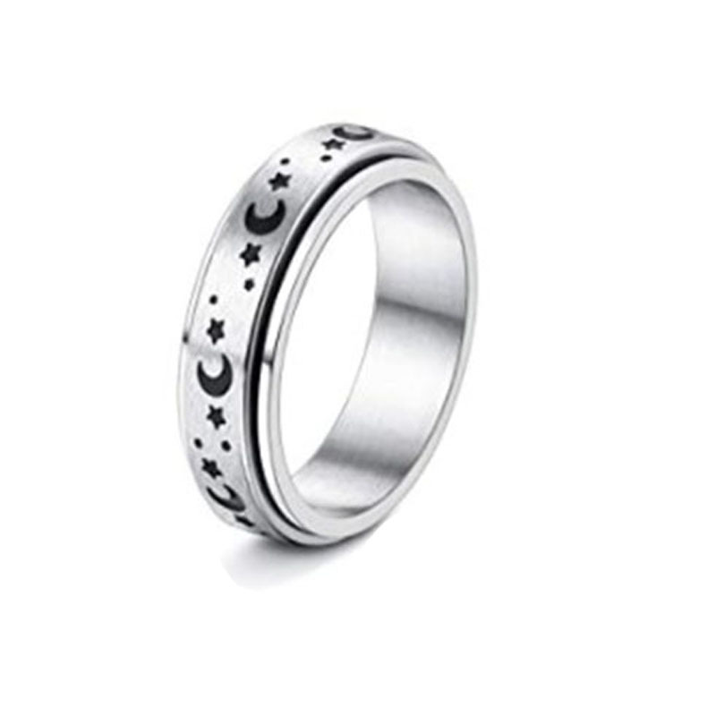 Mature Women & Men Stainless Steel Rotatable Spinner Ring Moon Stars Relieve Anxiety Rings