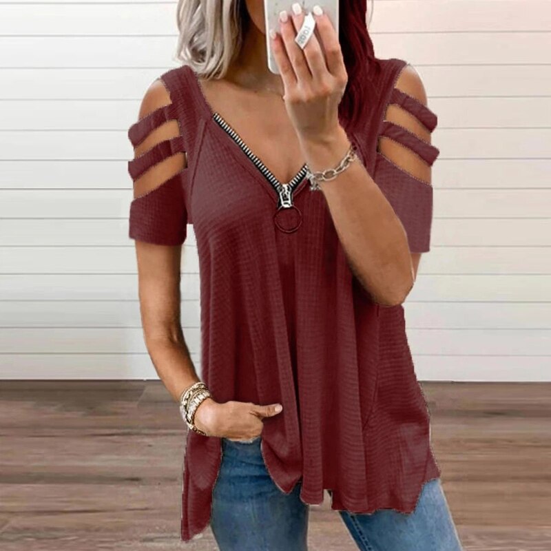 Women Elegant Zip V Neck Short Sleeve Loose Tops Sexy Lady Hollow Out Solid Tee Shirt Streetwear Casual Shirt Blusa Dropshipping