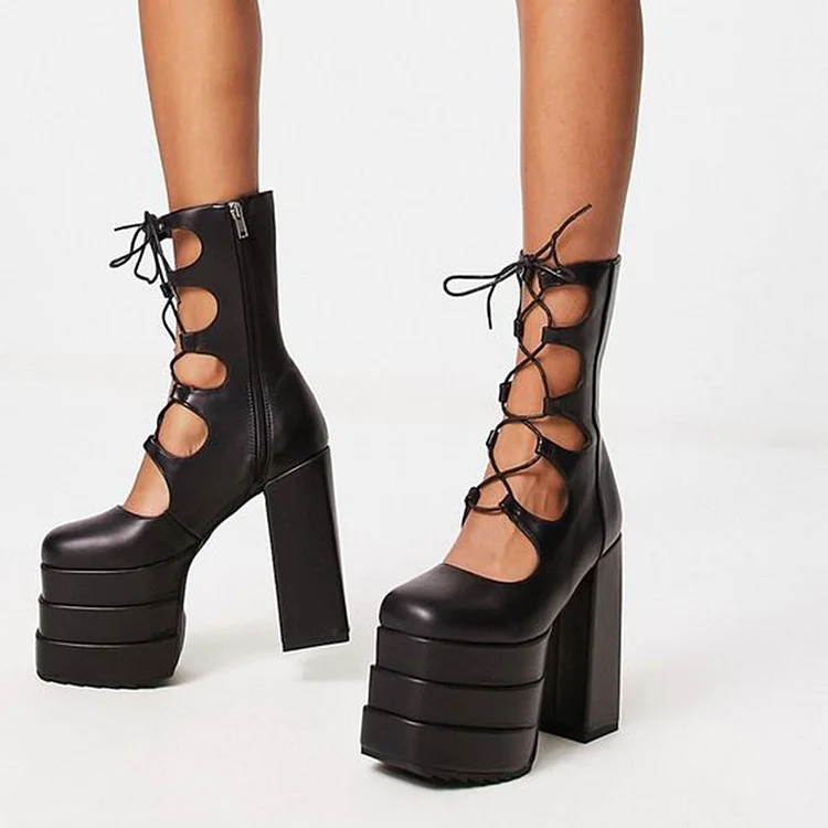 Black Platform High Heels Square Toe Patent Shoes Lace Up Pumps |FSJ Shoes