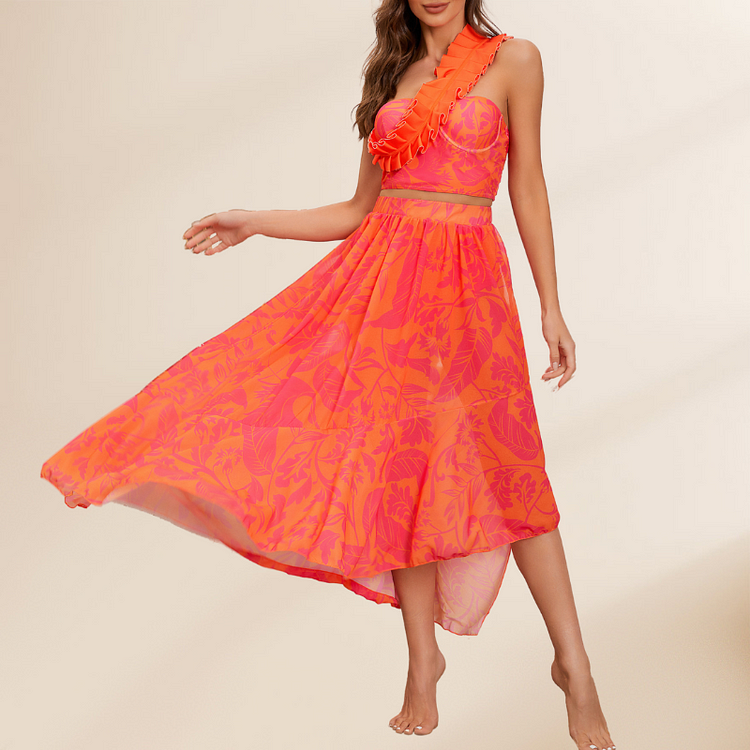Flaxmaker Ruffle One Shoulder Printed Bikini Swimsuit and Skirt
