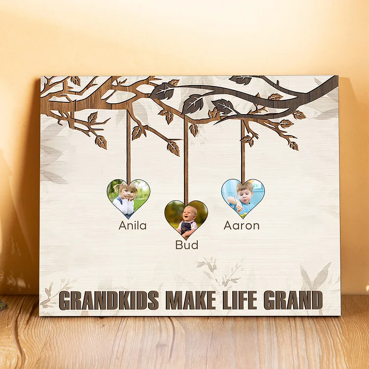 Personalized Family Tree Wall Art Frame Custom 3 Names 3 Photos Wood Panel Painting Wooden Gift for Family 
