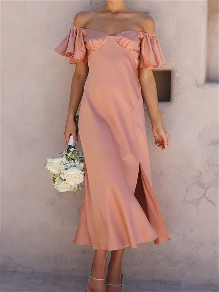 S-XL Summer Casual Women's Solid Color Satin Short Sleeve Sexy One Neck High Waist Pleated Medium Length Dress Temperament Commuter