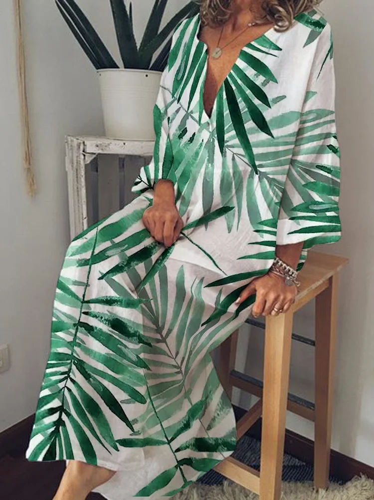 Palm Print V- Neck Long Sleeve Casual Dress-Mayoulove