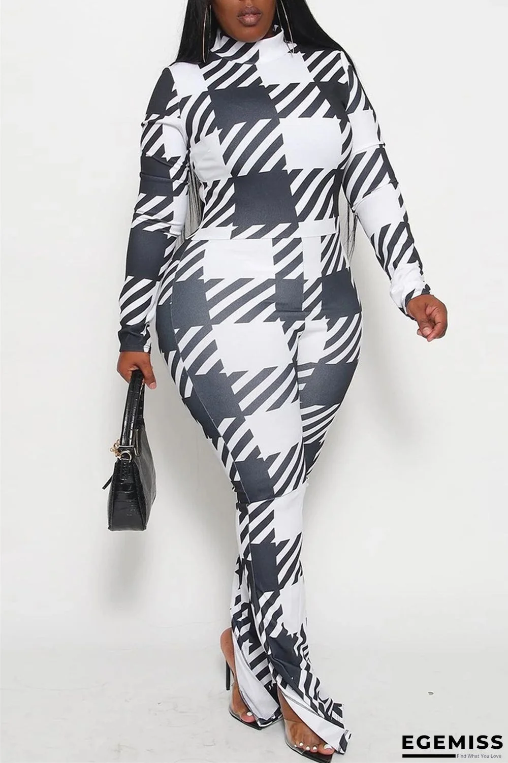 White Casual Geometric Print Patchwork Slit Turtleneck Plus Size Jumpsuits | EGEMISS