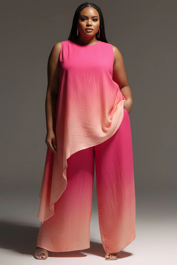 Xpluswear Design Plus Size Vacation Pink Gradient Round Neck Asymmetric Hem Irregular Hem Pocket Chiffon Two Piece Pant Sets [Pre-Order] 2024 - Xpluswear