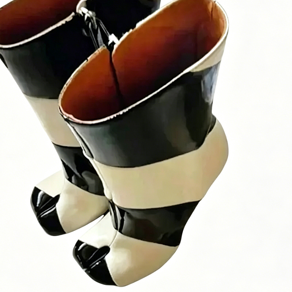 Black White Stripe Design Horse Hoof Boots Side Zipper Women Shoes Thin High Heels Fashion Party Feast 2024 Zapatos Para Mujere  highheelher