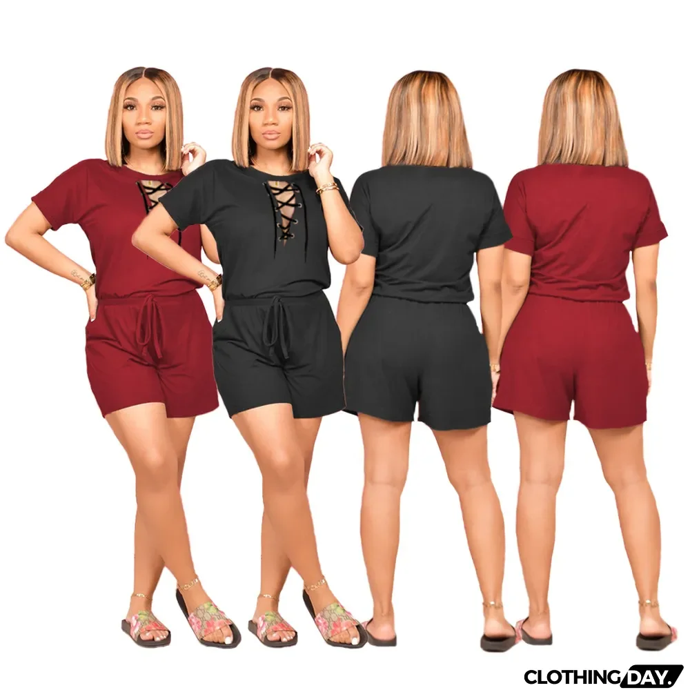 Plus Size Hollow Out Bandage Solid Top Shorts 2 Piece Set