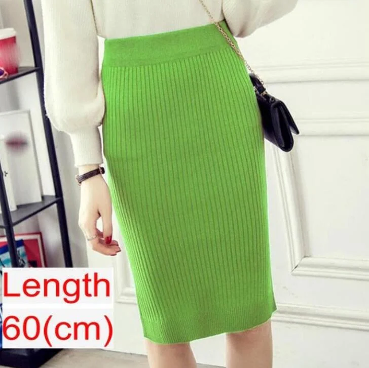 Women Knitted Pencil Skirts Slim Solid Basic Ladies Office High Waist Elegant Midi Skirt 2020 Autumn Winter Warm Womens Skirts