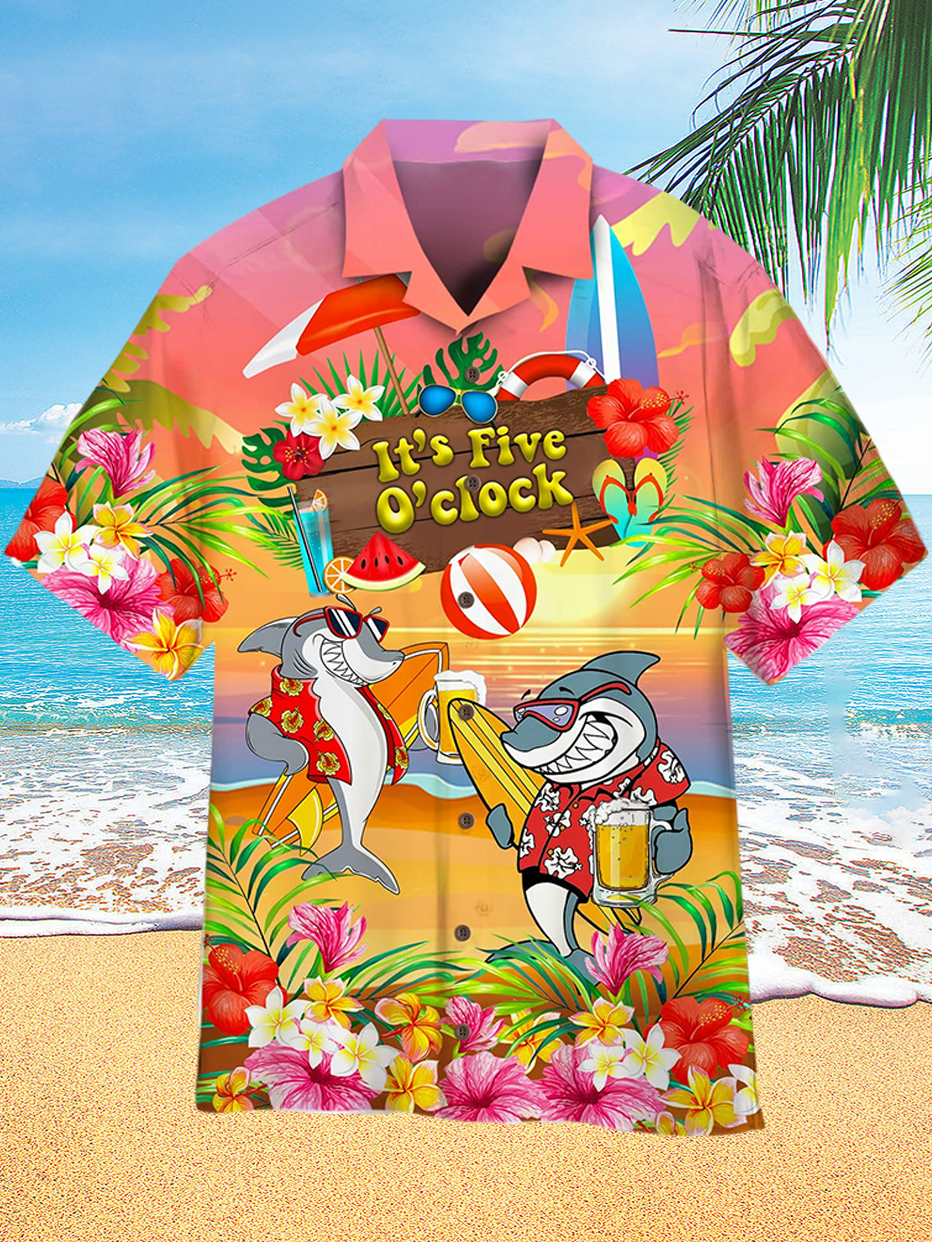 Men's Fun Shark Hawaiian Surf Print Holiday Short Sleeve Shirt PLUSCLOTHESMAN