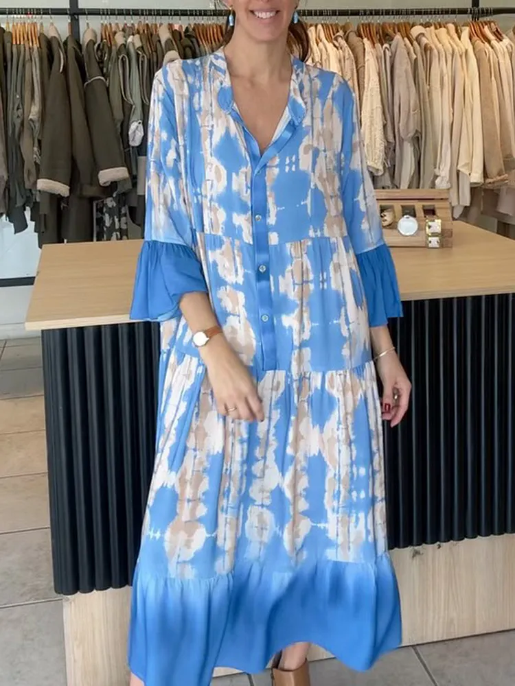 Women's Cuff Color-block Gradient Print Dress