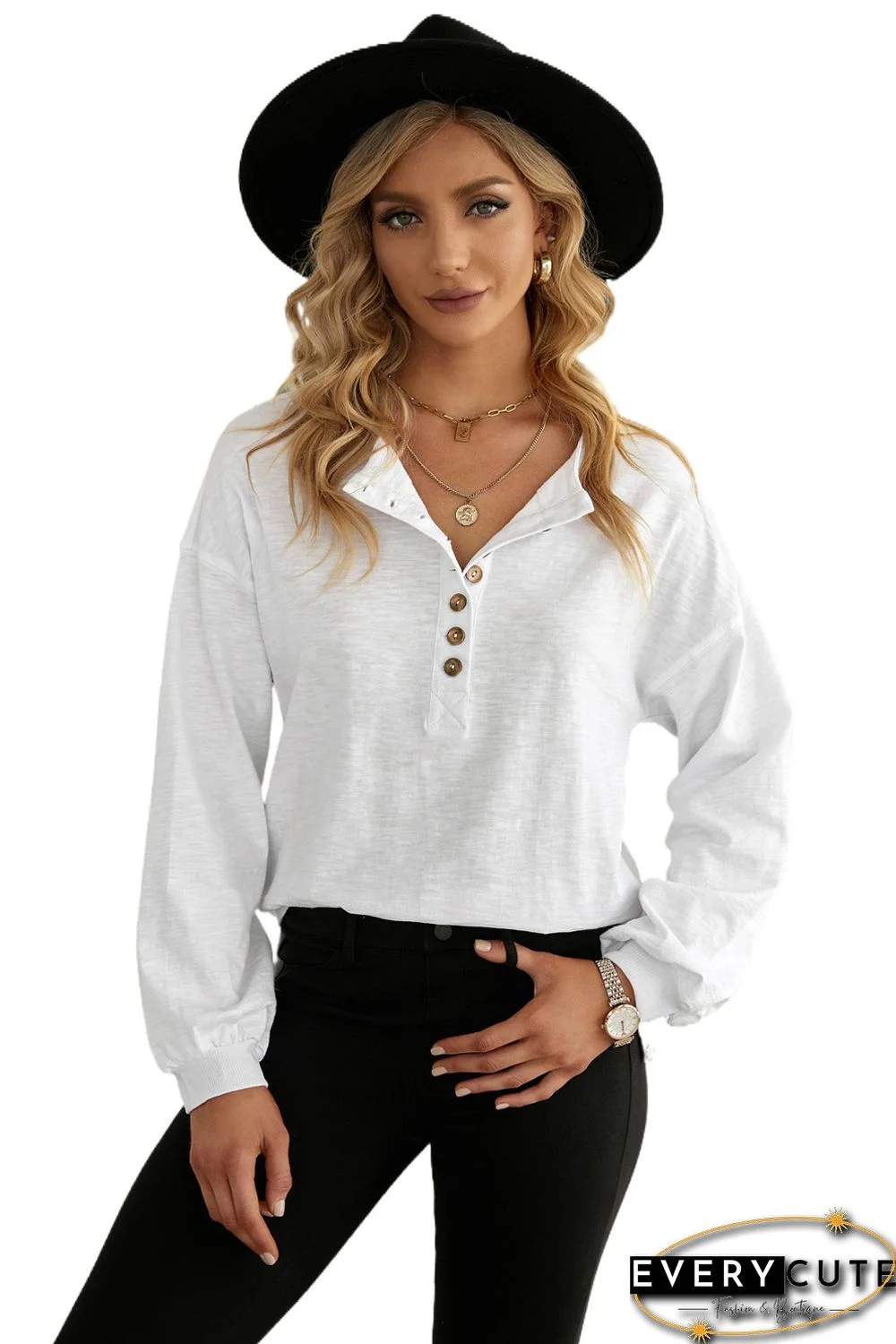 White Solid Color Buttoned Front Long Sleeve Top