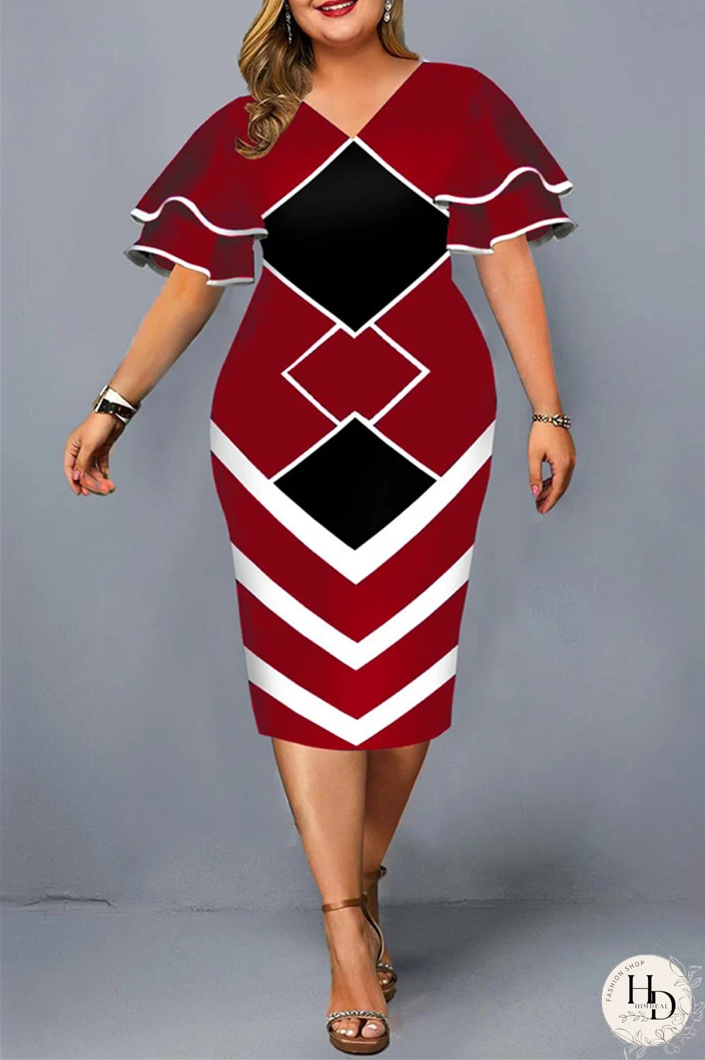 Yellow Fashion Casual Plus Size Print Basic V Neck Short Sleeve Dress