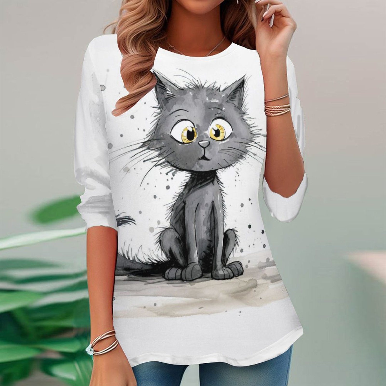 Women Long Sleeve V-neck Graphic Floral Printed Top