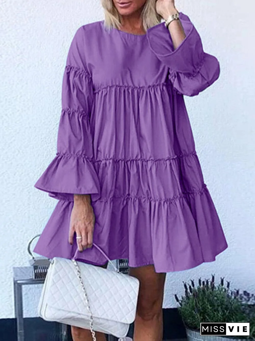 Solid Color O-neck Long Bell Sleeve Casual Layered Dress