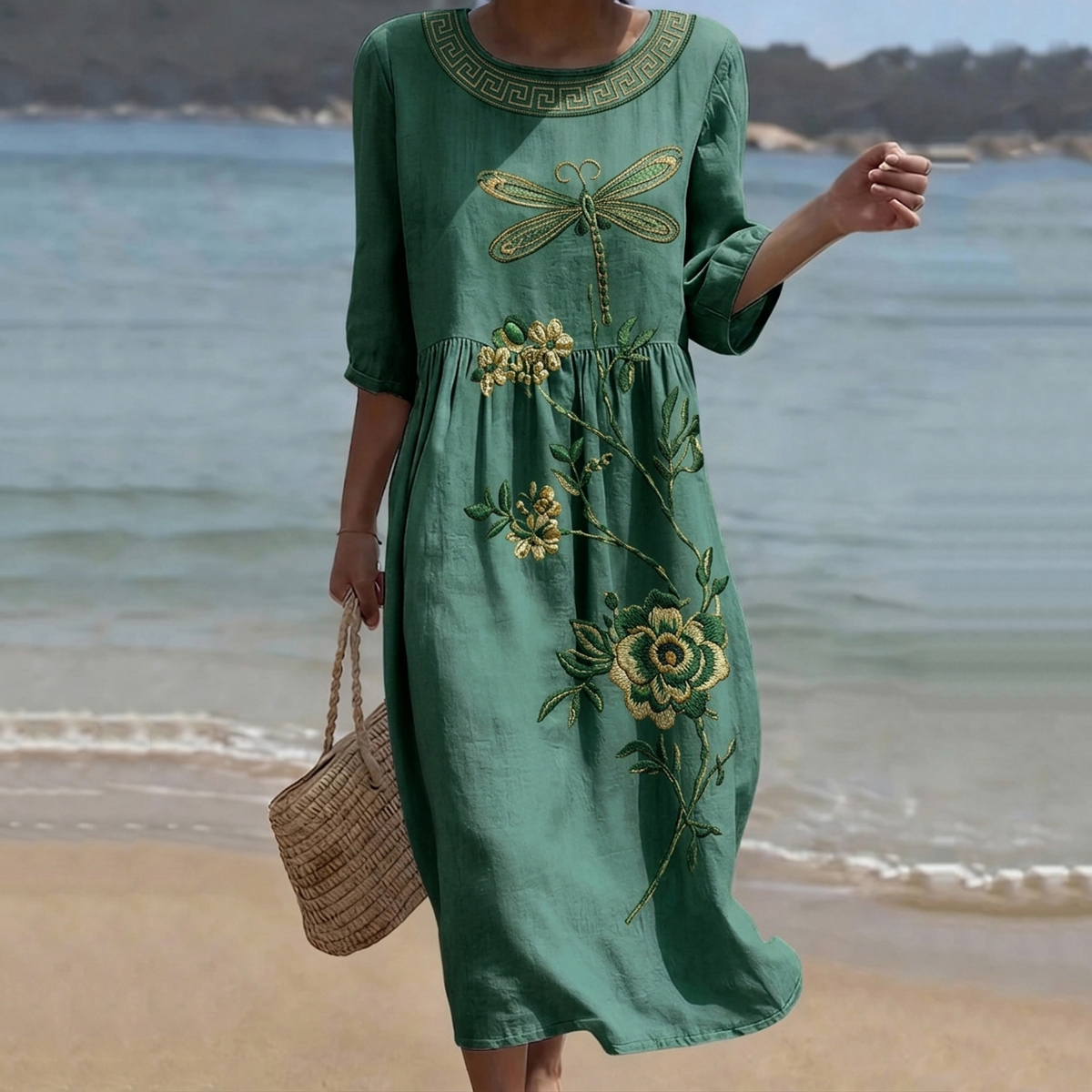 Women's Vintage Floral And Dragonfly Art Print Casual Linen Dress elevenforest