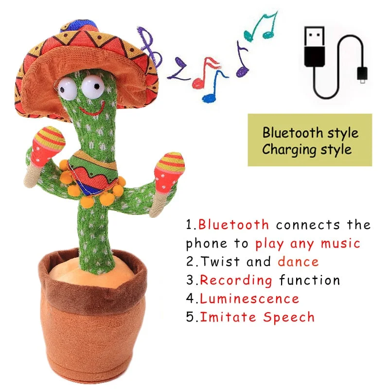 Bluetooth Dancing Cactus Talking Toy Electronic Plush Toys Sing Record Lighten Battery USB Charging Early Education Funny Gift