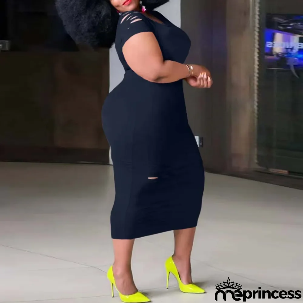 Women'S Casual Plus Size Round Neck Short Sleeve Black Dress