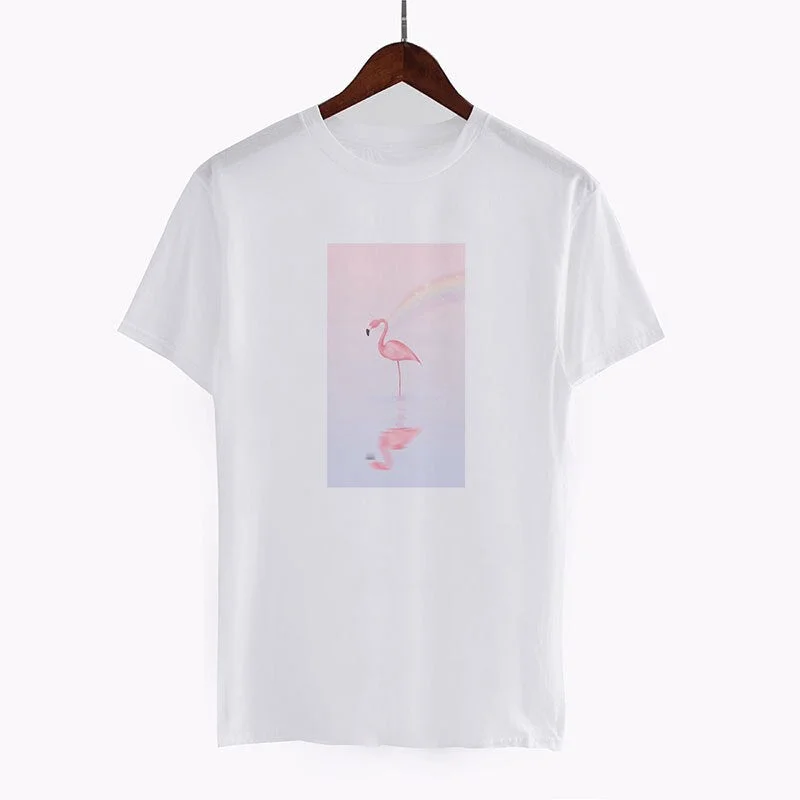 Women T Shirt Fashion Summer 2019 Vegan Harajuku Beautiful Animal Flamingo Print Short Sleeve Basic Style Loose White T Shirt