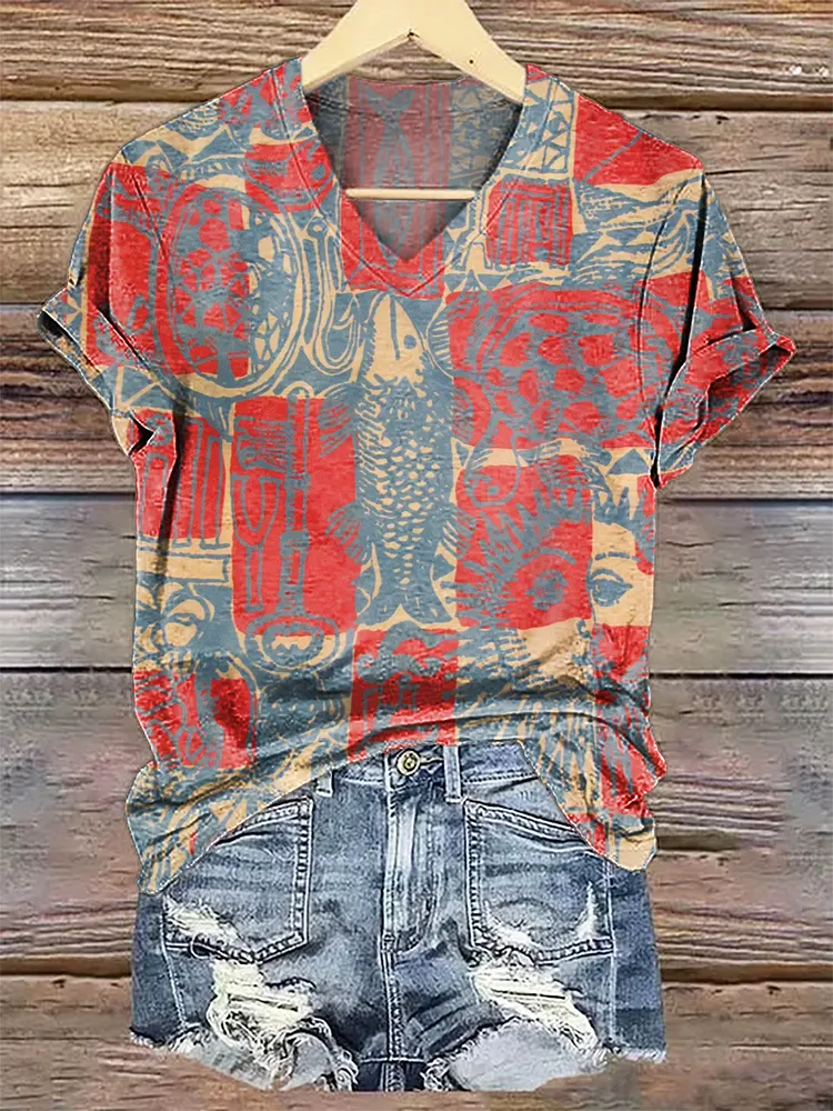 Women's Bohemian Ethnic Collage Art Pattern Print Casual V-neck T-Shirt