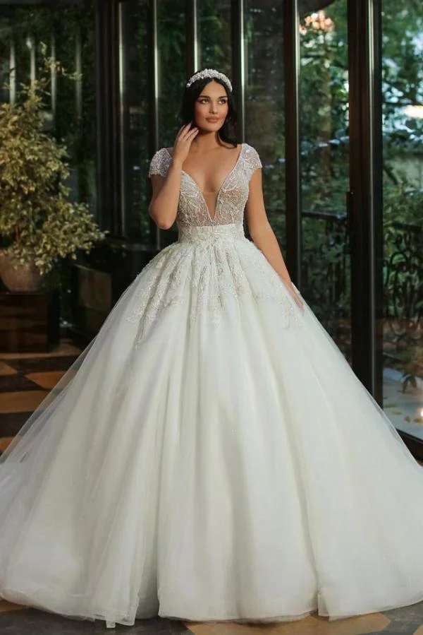 Daisda Luxury Long A-line V-neck Cap Sleeves Wedding Dress With Beads Tulle