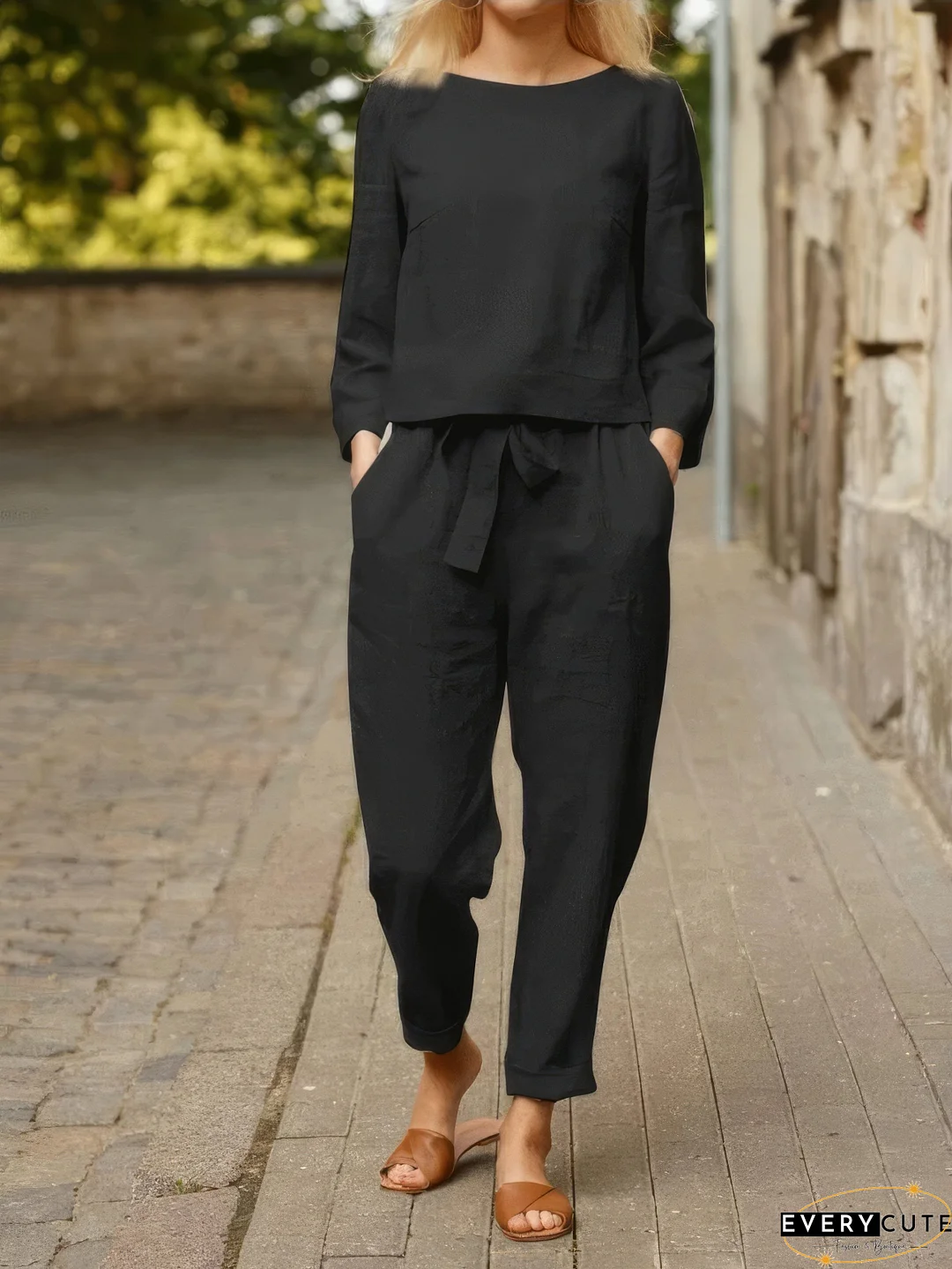 Chic Belted Pocket Trousers & Solid Long Sleeve Top Suit