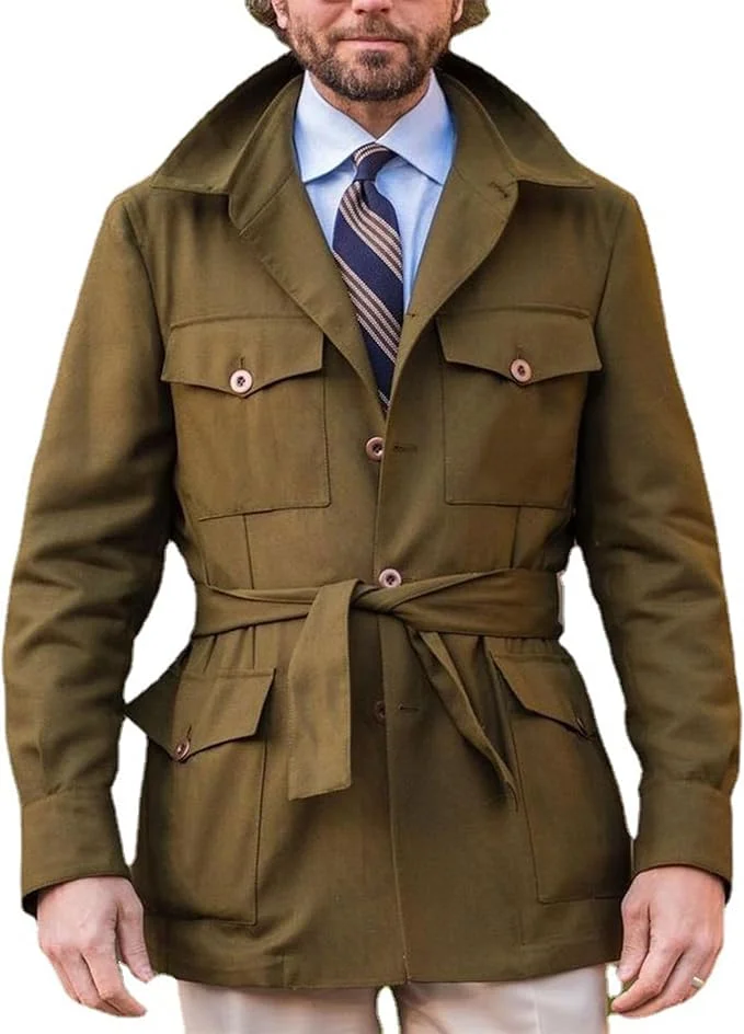 Men's Single Breasted Belt Trench Coat Lapel Safari Military Jacket Casual Slim Fit Lightweight Midi Windbreaker