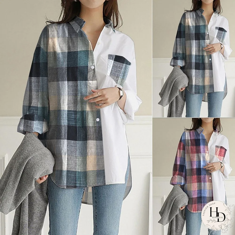 Women Long Sleeved Lapel Plaid Blouse Loose Casual T-Shirts Baggy Tops Plus Size