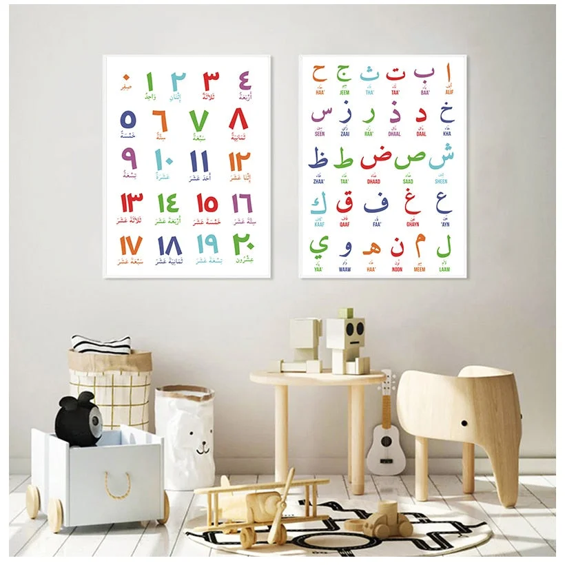 Arabic Islamic Wall Art Canvas Painting Arabic Letters Alphabets Numerals Poster Prints Nursery Kids Room Wall Art Decor