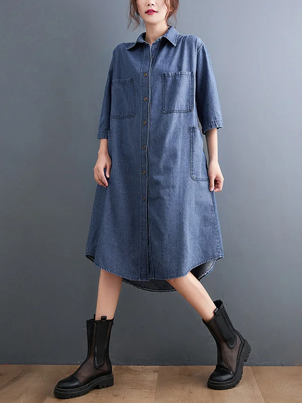 Denim Loose Solid Color Shirt Midi Dress - yankia