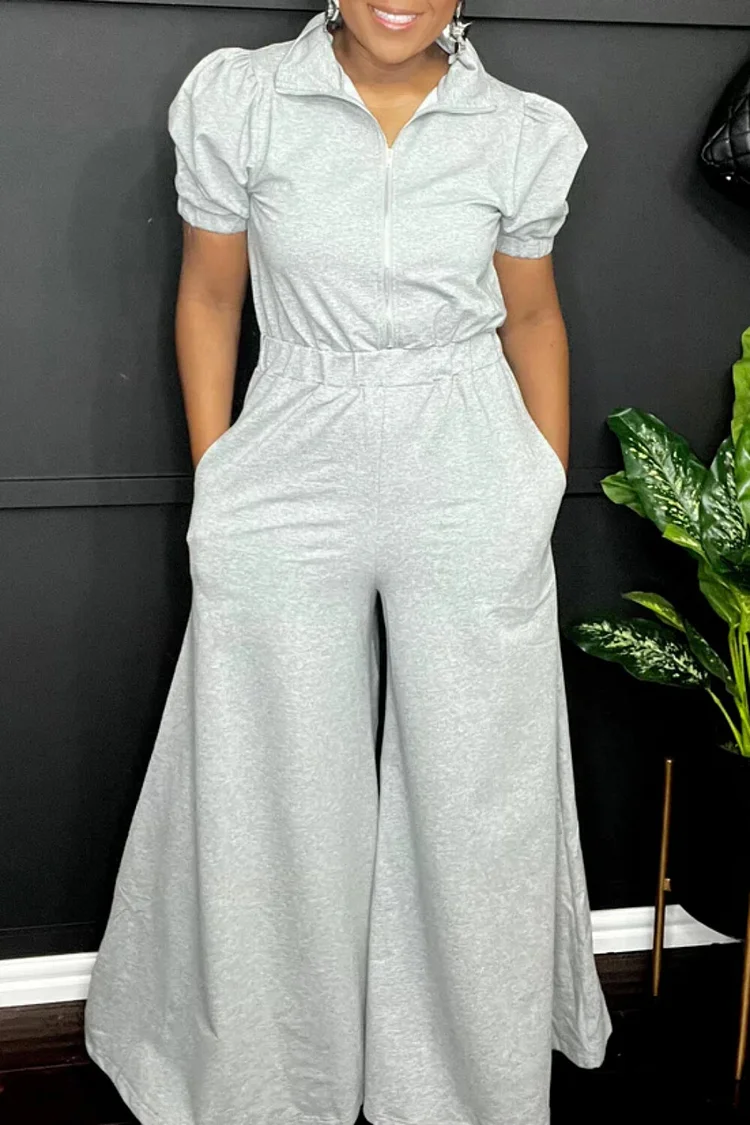 Plus Size Business Casual Grey Shirt Collar Lantern Sleeve Short Sleeve Zipper Casual Pocket Jumpsuits [Pre-Order] 2024 - Xpluswear
