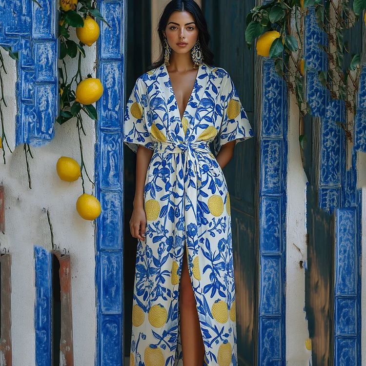 VChics Mediterranean Italian Amalfi Lemon Pattern Kimono Cardigan