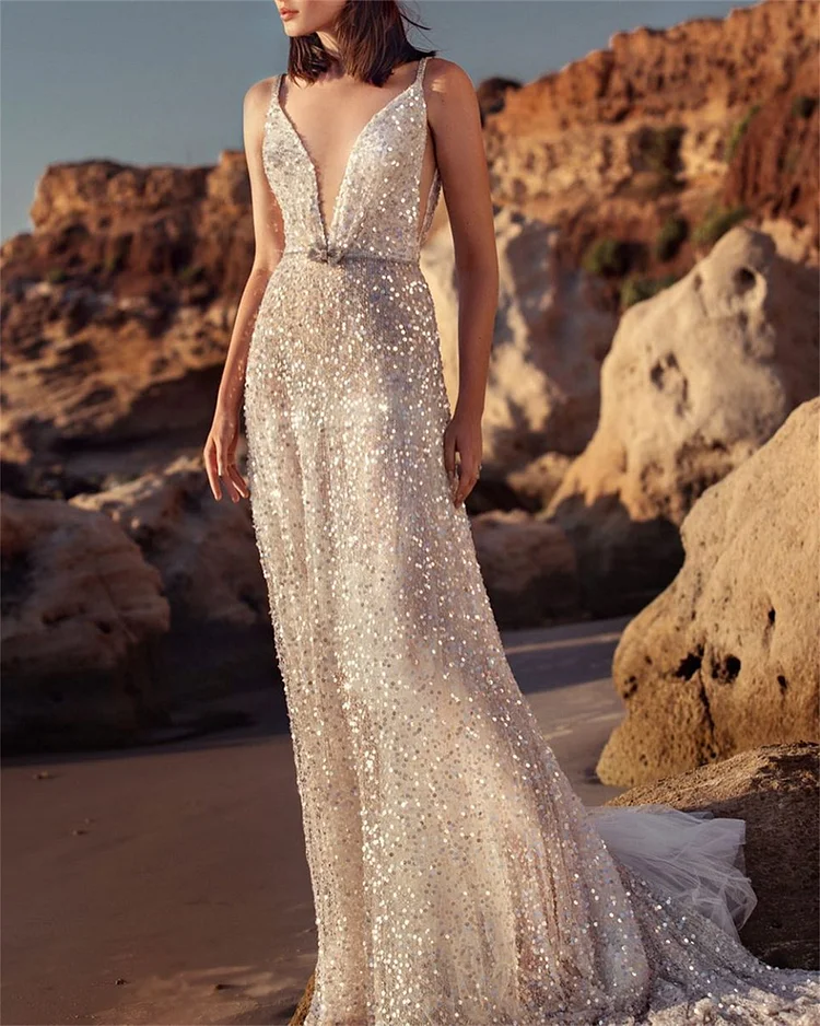 Women's V-neck Suspender Sequin Dress
