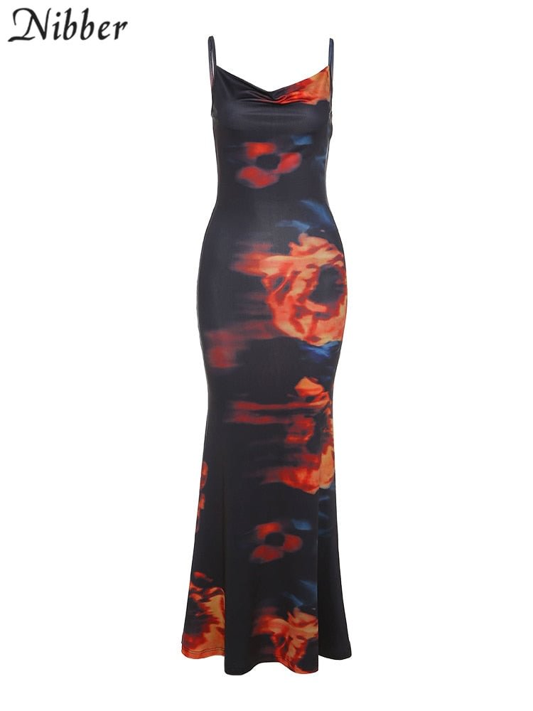 Nibber Fashion Sexy Long Sleeveless Dress Flame Print Design For Elegant  Beautiful Women Go Out Party Club Vacation Wear