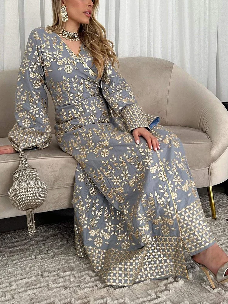 Elegant Floral Embroidery Gold Trim Dress