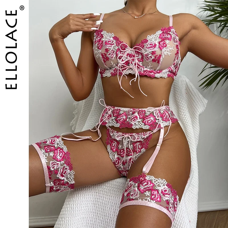 Billionm Ellolace Fancy Lace Lingerie Women‘s Underwear Bandage Sexy Erotic Sets 4-Pieces Thongs Garters Sensual Bra And Panty Set