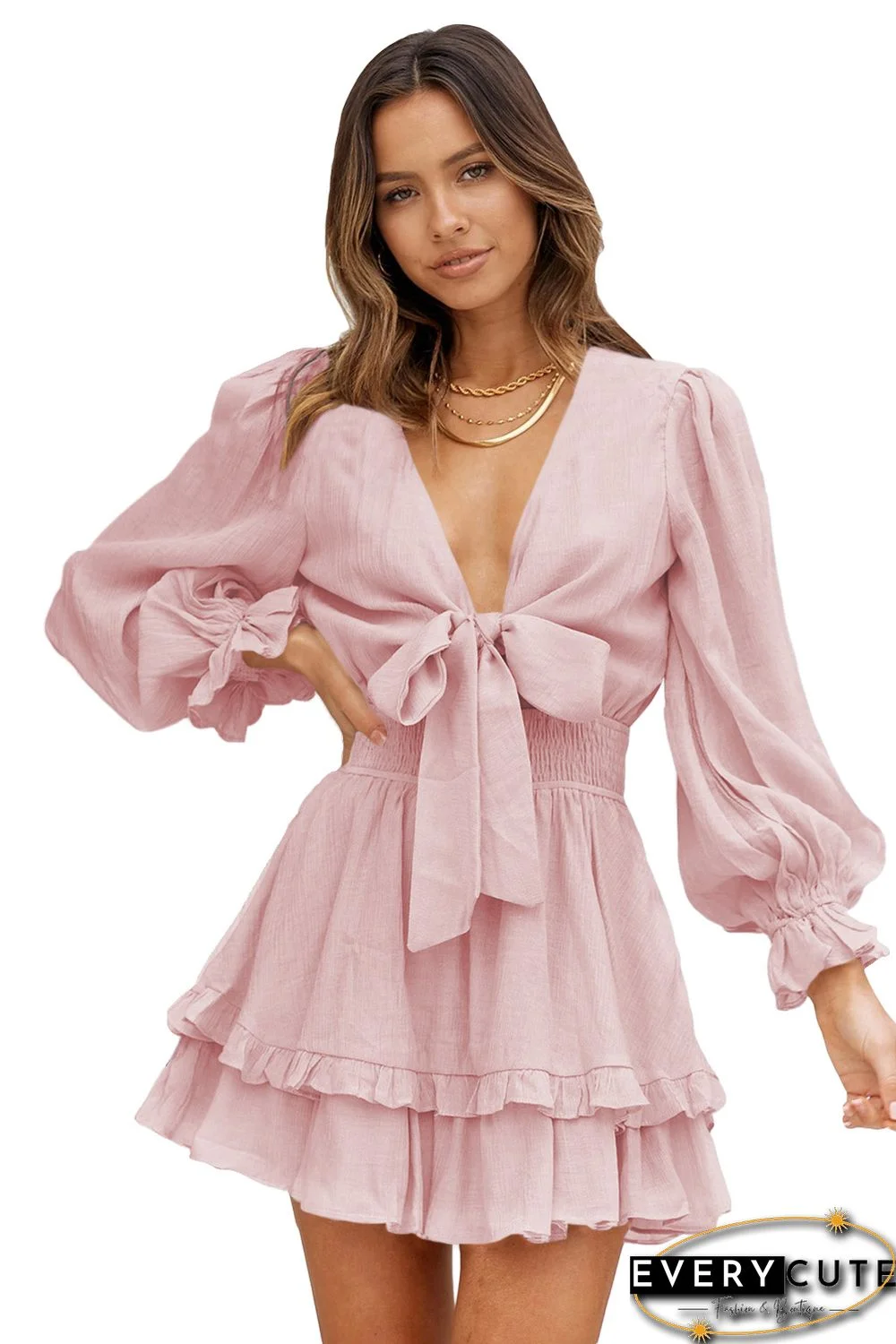 Pink Deep V Neck Lantern Sleeve Knotted Tiered Mini Dress