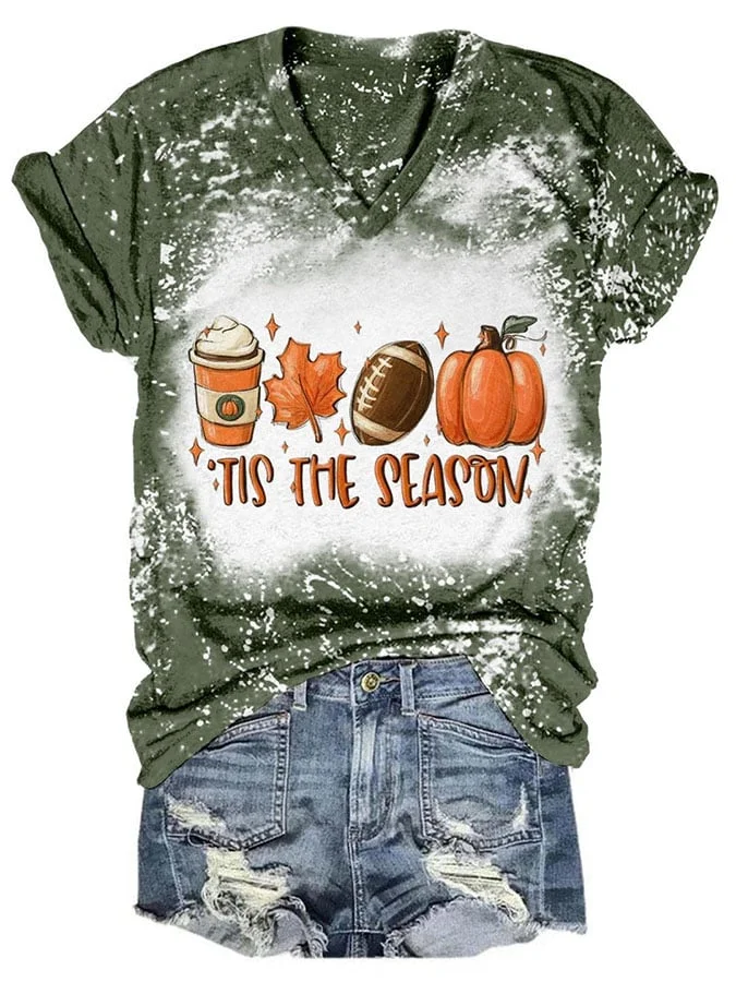 V-neck Tie Dye Football Tis The Season Pumpkin Maple Leaf Print T-Shirt socialshop