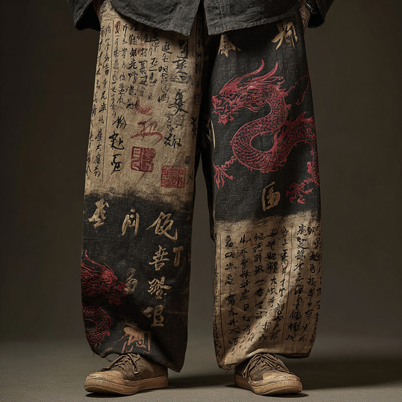 Men's Japanese Calligraphy And Dragon Art Linen Pants  artssus