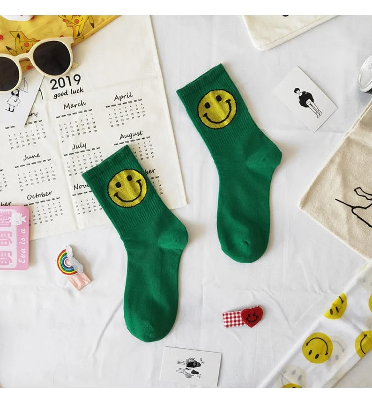 5pairs/set Women's Socks Big Smile Face Mid-calf Length Media Corta Crew Female Cotton Sock Couple Socks
