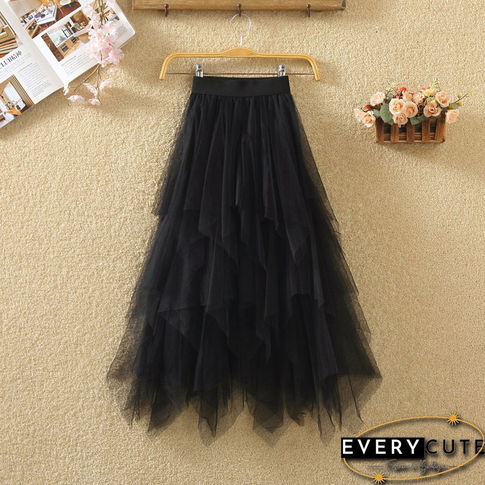 Women Irregular Tulle Skirts Fashion Elastic High Waist Mesh Tutu Skirt Pleated Long Skirts Midi Skirt Saias Faldas Jupe Femmle