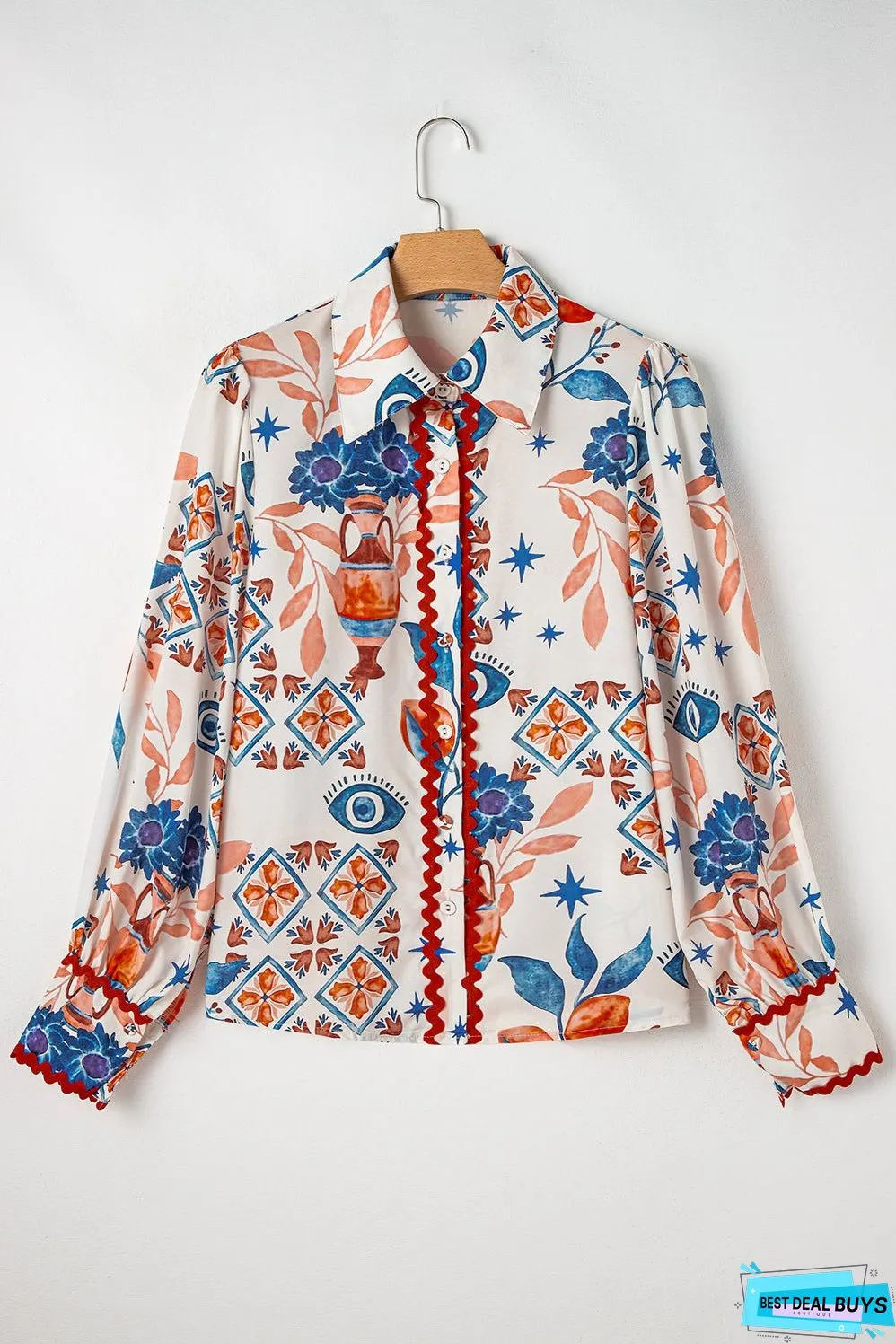 Multicolour Western Printed Ric Rac Bishop Sleeve Button Up Shirt