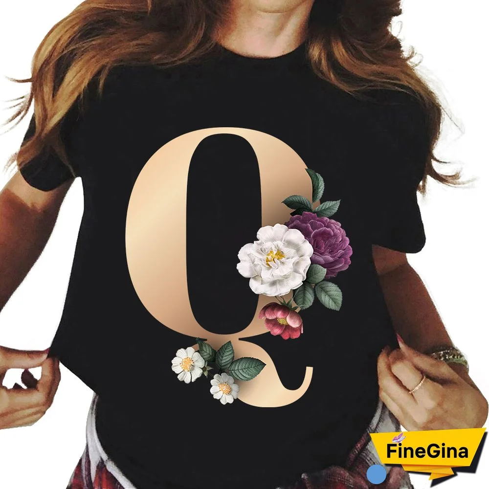 Custom Name Letter Combination T-shirt 26 FloralAlphabetFontClassicTShirt Fashion Harajuku Kawaii TShirt Women Top Tees