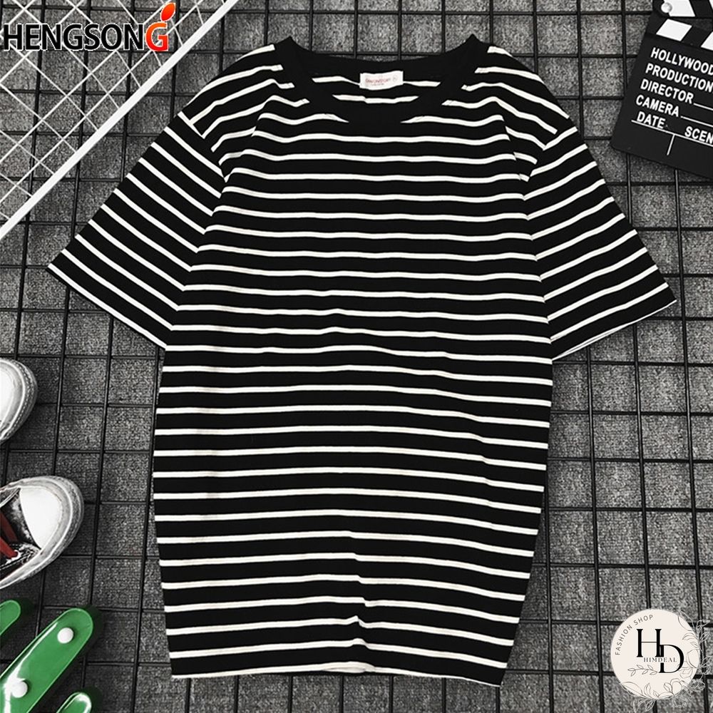 Womens Short Sleeve Shirt Classic Black & White Striped Loose Casual topper Harajuku