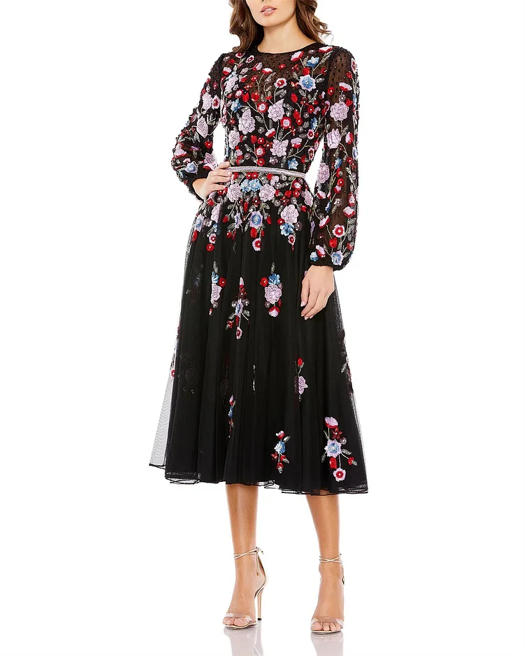 Fashion Round Neck Black Embroidered Mesh Dress - 01