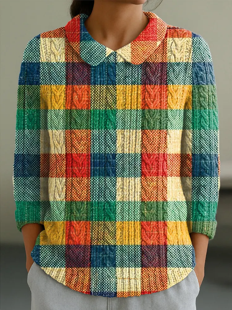 Women's Vintage Colorful Plaid Painting Art Print Casual Peter Pan Collar 3/4 Sleeve Sweater