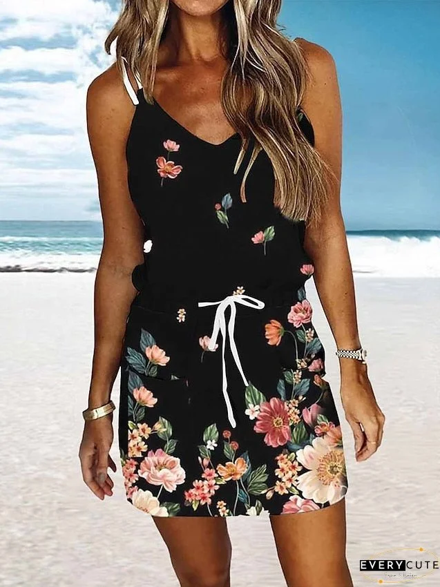 Beach Dress Beach Wear Mini Dress Lace up Pocket Fashion Modern Floral Spaghetti Strap Sleeveless Loose Fit Daily Vacation Black White Summer Spring S M L XL for Women