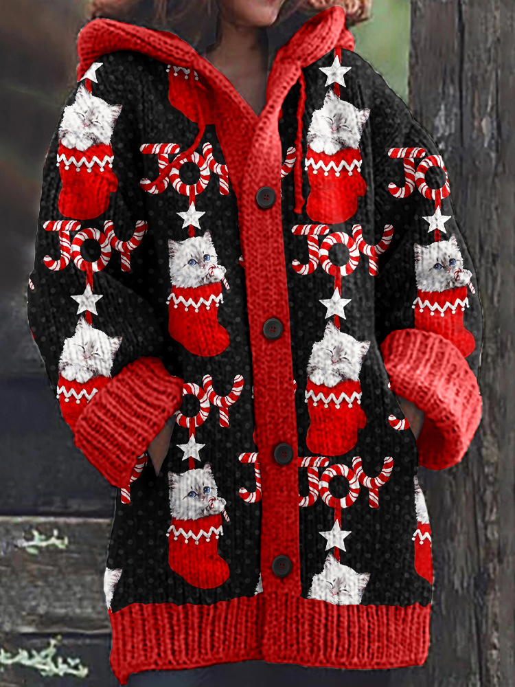 Comstylish Red Socks Cat Joy Christmas Holiday Women's Sweater Cardigan