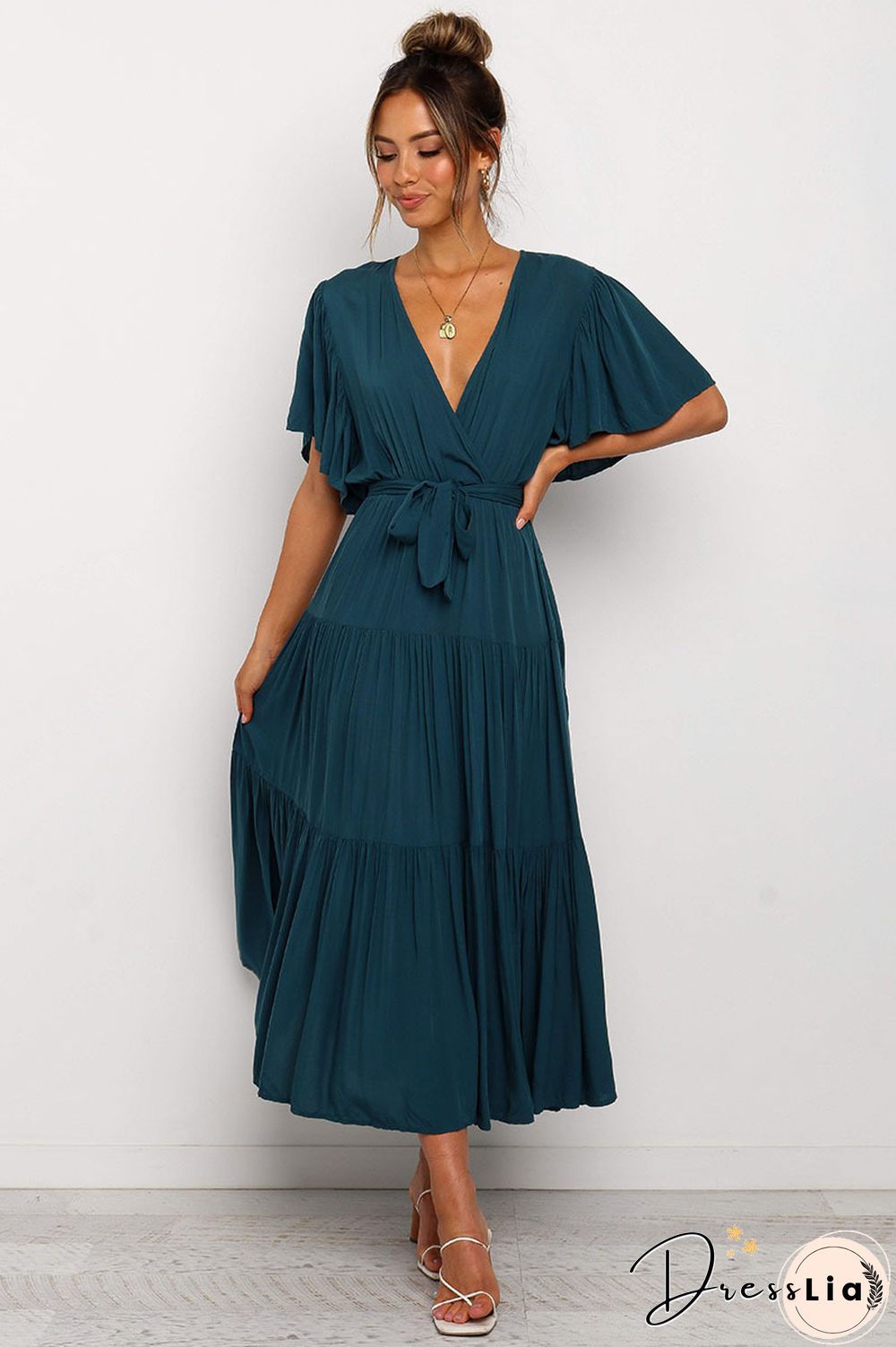 Boho Beach Vacation Summer Women Dresses New Solid V-Neck Short Ruffle Sleeve Lace-up Swing High Waist A-line Long Dress